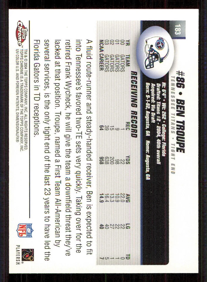 2004 Topps Chrome #183 Ben Troupe RC Rookie - Image 2 of 2