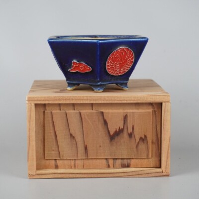 【USED】Japanese Bonsai Pot BIKO HORIE Sign Hexagon Lapis Lazuli Glaze Blue Red