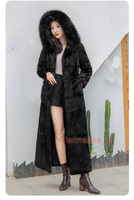 Women Real Natural Rabbit Fur Coat Fox Fur X-long Hooded Jacket Warm Outwear Hot