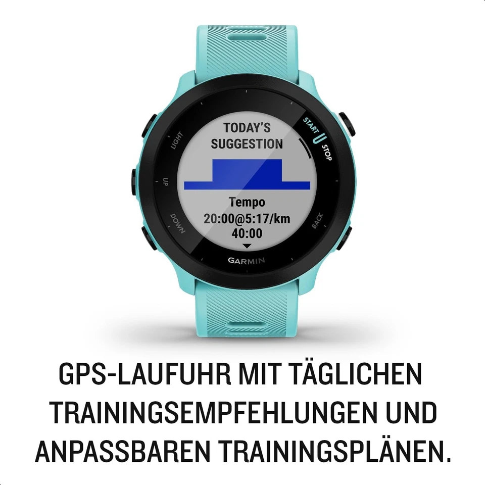 Garmin Forerunner 55 42mm Kunststoffgehäuse-Schwarz mit Silikonarmband in Türkis - Bild 2 von 4