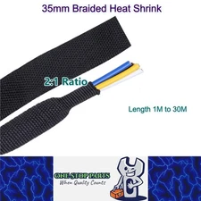 35mm 2:1 Heat Shrink Braided Sleeve Tubing Cable Harness Protection Black 1-30M