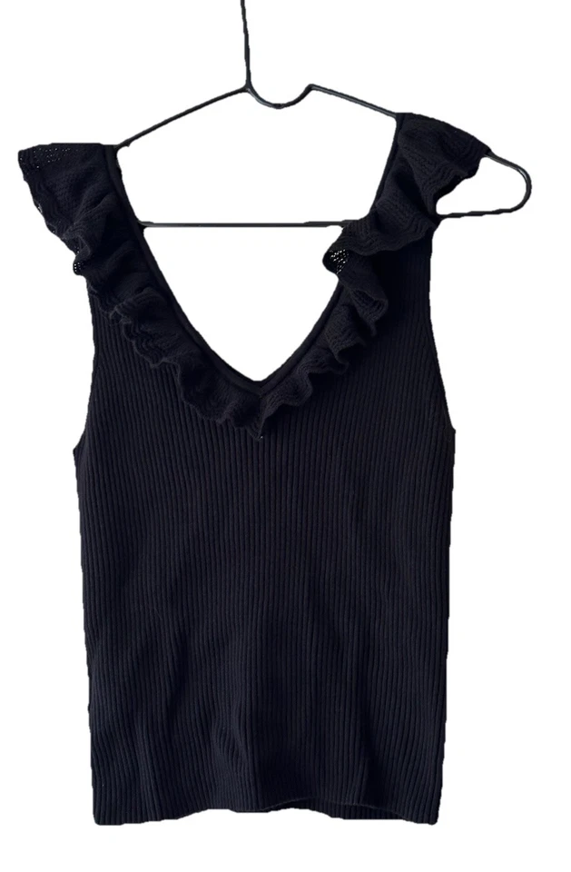 Gap Black Ribbed Knit V-Neck Tank Top Ruffles  Cami Stretchy Basic Size XL - Image 3 of 4