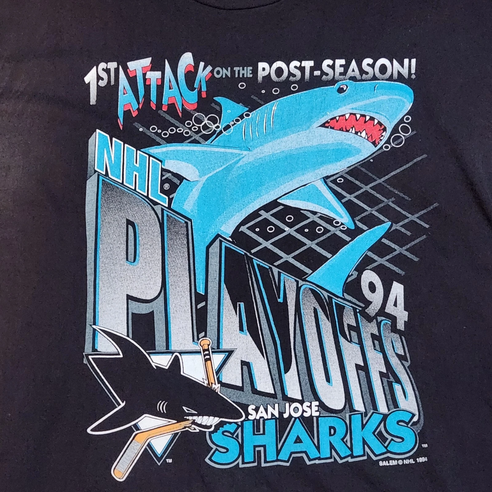 Vtg 90s San Jose Sharks 1st Attack Playoffs 1994 NHL Hockey T Shirt Salem