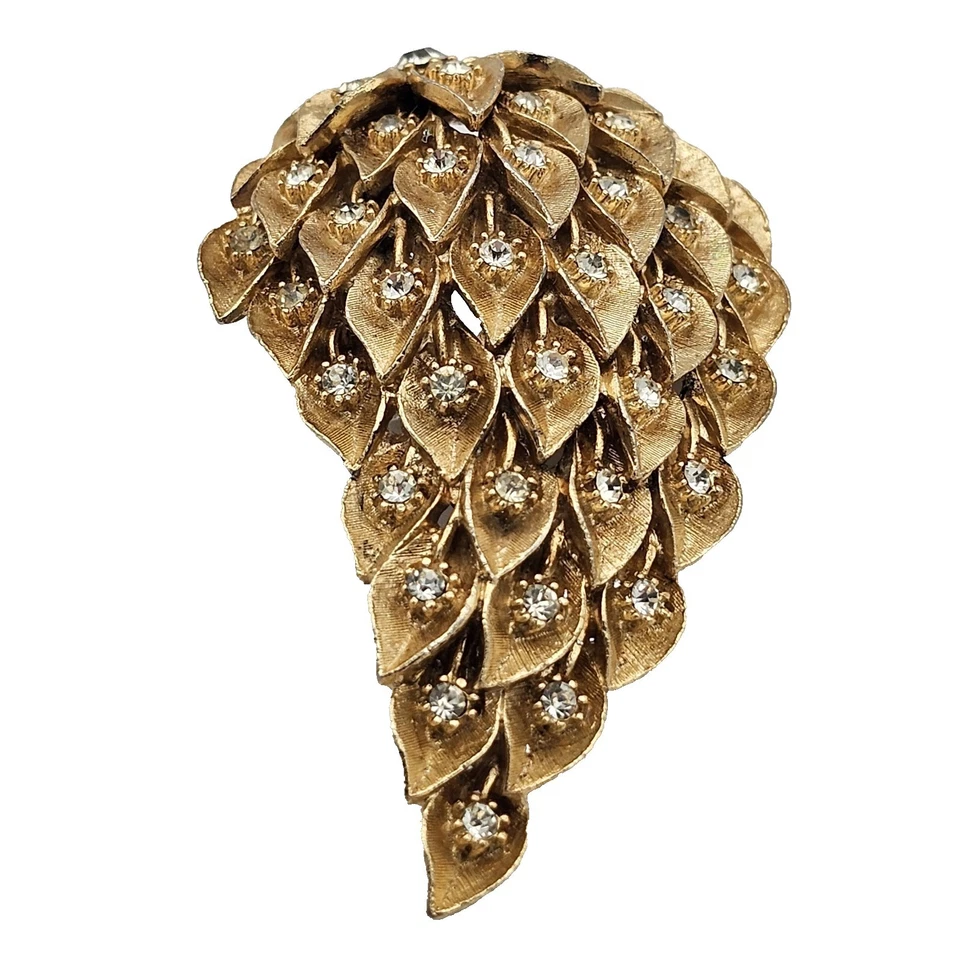 Broche vintage de folha em cascata tom dourado com broche de flor de strass joia declaração - Imagem 3 de 4
