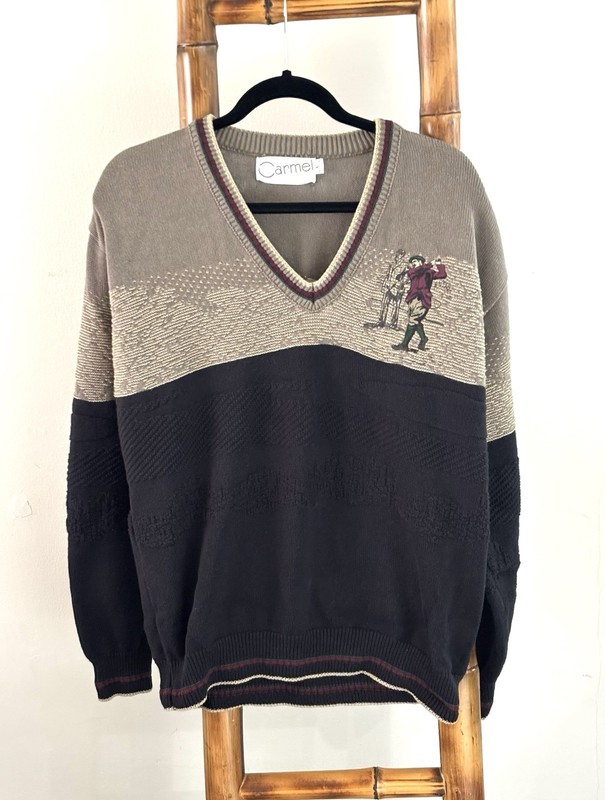 VTG Carmel Sweater Golfer Black Beige Size L Heavyweight V-Neck Made In USA