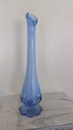 Fenton Periwinkle Blue Swung Glass 10” Bud Vase Cabbage Rose Pattern