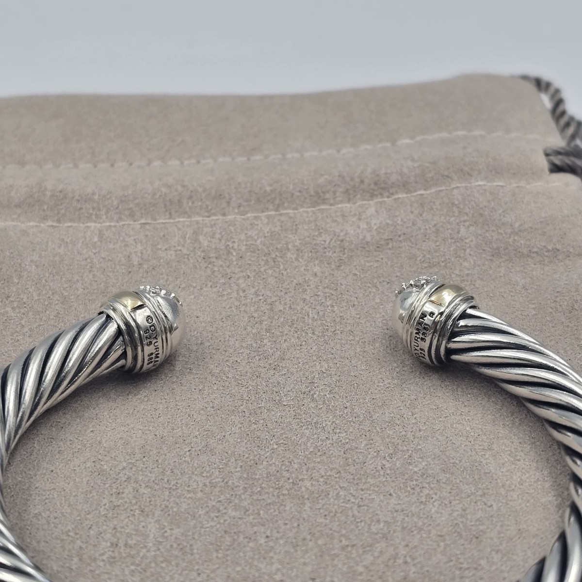 David Sterling Silver 7mm Cable Cuff Diamond Tips & 18k Gold Bracelet View 4