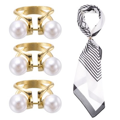 Silk Scarf Ring Clip, 3Pcs Pearls Bowknot Scarves Pin, Gold Tone