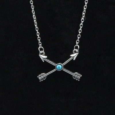 Crossed Arrow Necklace Turquoise Stone Silver Tone Short Chain Boho Arrow Pendan
