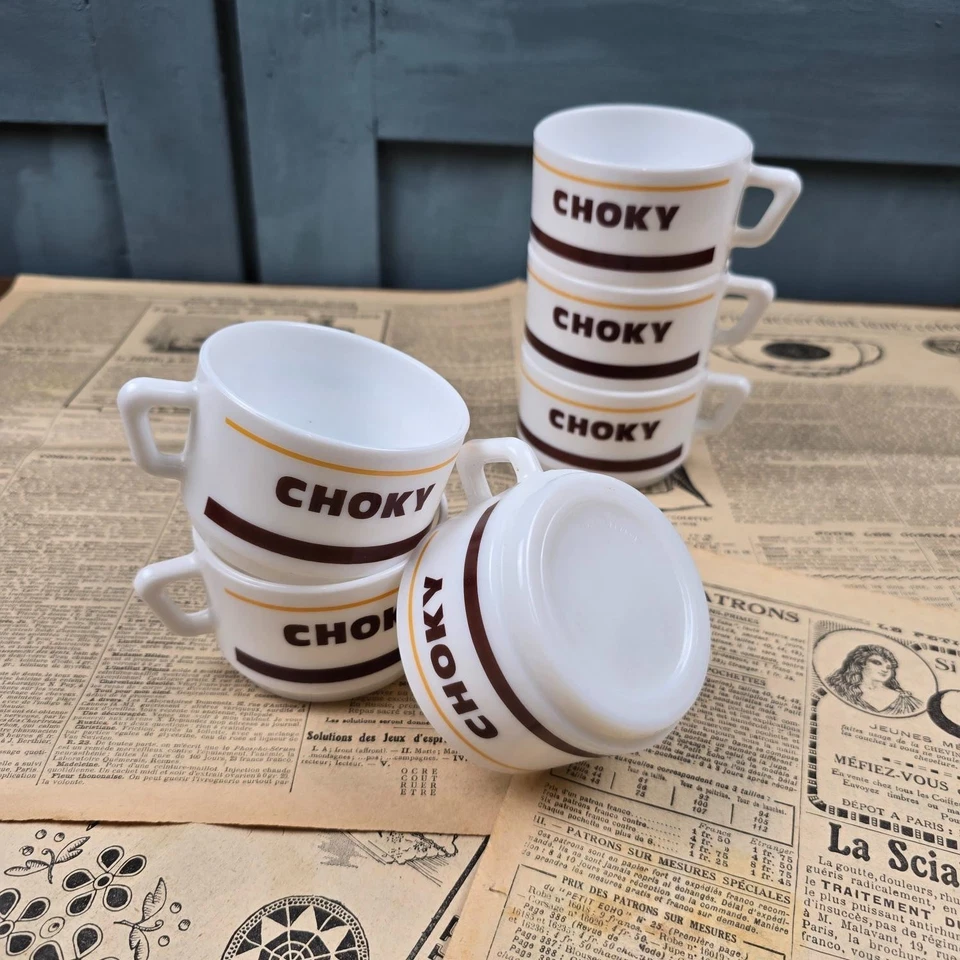 Lot de 6 tasses publicitaires CHOKY – Verre opalin – Vintage bistrot années 70 - Photo 2/4