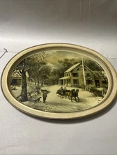 Vtg Metal Tray The American Homestead/Winter By Currier And Ives 1868 W/ Hanger