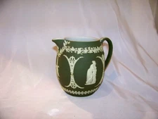 Wedgwood Dark Green Jasperware Pitcher Decorated w Classical Figures