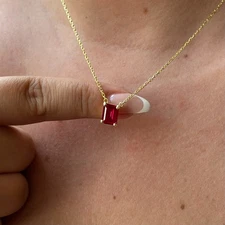 14k Gold Lab-Created Ruby Necklace Emerald Cut Red Gemstone Pendant Handmade Her