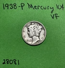 1938-P Mercury Dime 10c VF Very Fine 90% Silver See Pictures