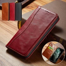 For iPhone 17 16 15 14 13 12 Pro Max Cowhide Real Leather Magnetic Wallet Case