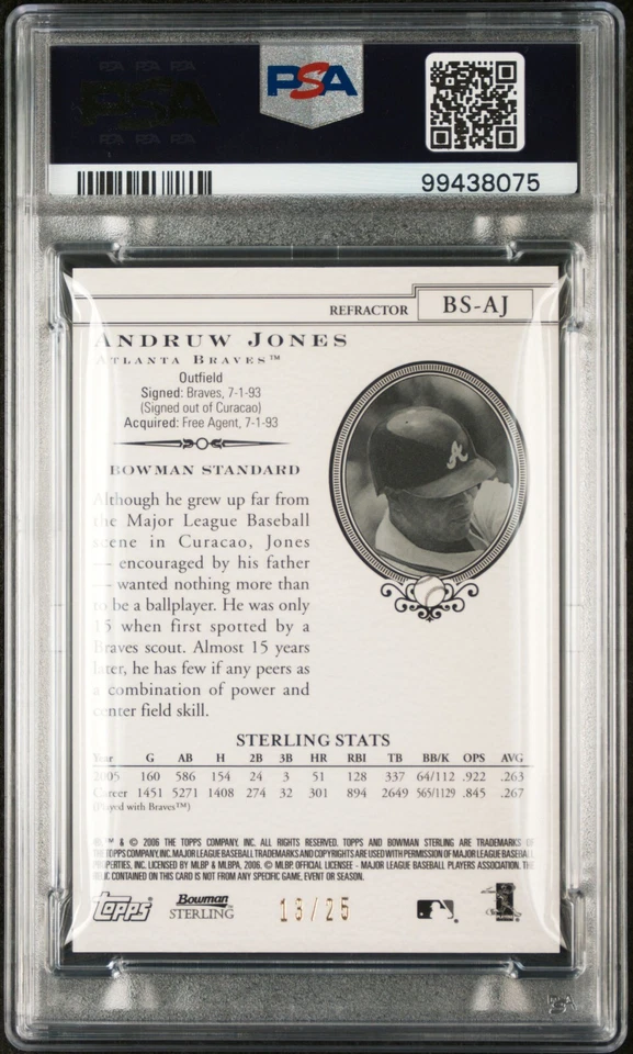 2006 BOWMAN STERLING BLACK REFRACTOR ANDRUW JONES SP #/25 PSA 10 GEM MINT POP 1 - Image 2 of 2