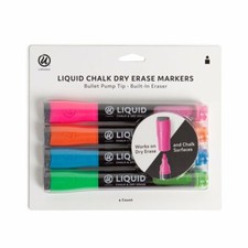 NEW 4 COUNT LIQUID CHALK DRY ERASE MARKERS, BUILT-IN ERASER, BULLET PUMP TIP