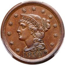 1850 N-3 R-1 PCGS AU 55 Braided Hair Large Cent Coin 1c