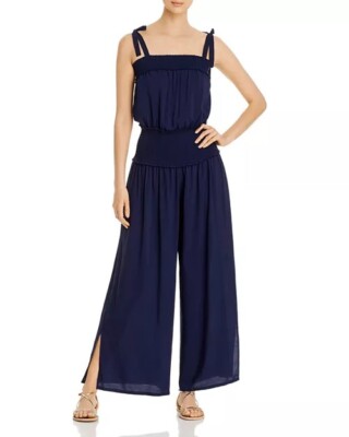 NWOT Tory Burch Smocked Shoulder-Tie Jumpsuit Size XS Navy Blue