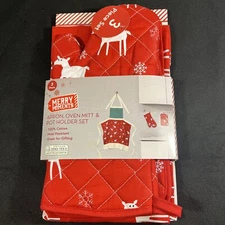 Merry moments- Holiday Apron, Mitt, & Potholder Set- Red/White w/ Reindeer Theme