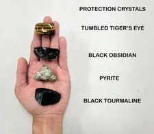 Crystals for Protection Set, Black Tourmaline Pyrite Tigers Eye Black Obsidian