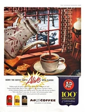 1959 A&P COFFEE Large Vintage Print Ad Eight O'Clock 1950s Era Winter Scene