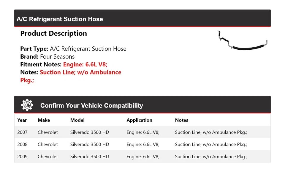 Manguera de succión de refrigerante aire acondicionado HD 2007-2009 Chevrolet Silverado 3500 4 estaciones Foto 2 de 3