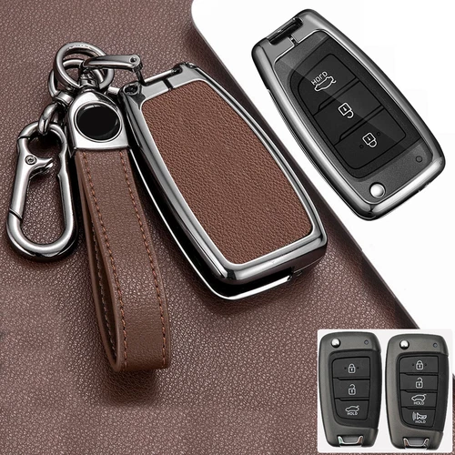 For Hyundai Accent Kona Sonata i30 Zinc Alloy Leather Remote Key Fob Case Cover - Foto 10 di 20