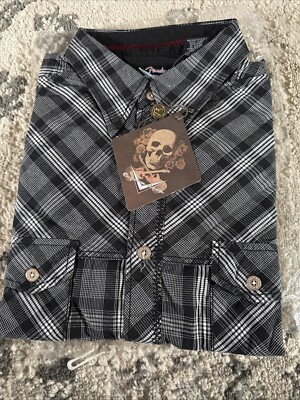 Fender Rock & Roll Black Plaid Button Shirt Mens 2XL Goth Emo Y2K New