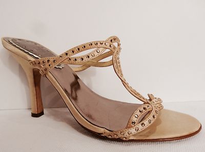 Brass Plum US 7M GOLD SATIN RHINESTONE STRAPPY HIGH HEELS LEATHER