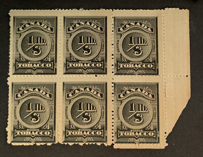 tobacco tax canada P664 CANADA 1887 REVENUE TOBACCO TAX 1/8 lb RN2 Unused NHNG Rare Block 6  Gr. Col