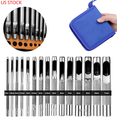 15pcs Leather Hole Punch Round Hollow Hole Tool Leather Belt Stitching Punch Set