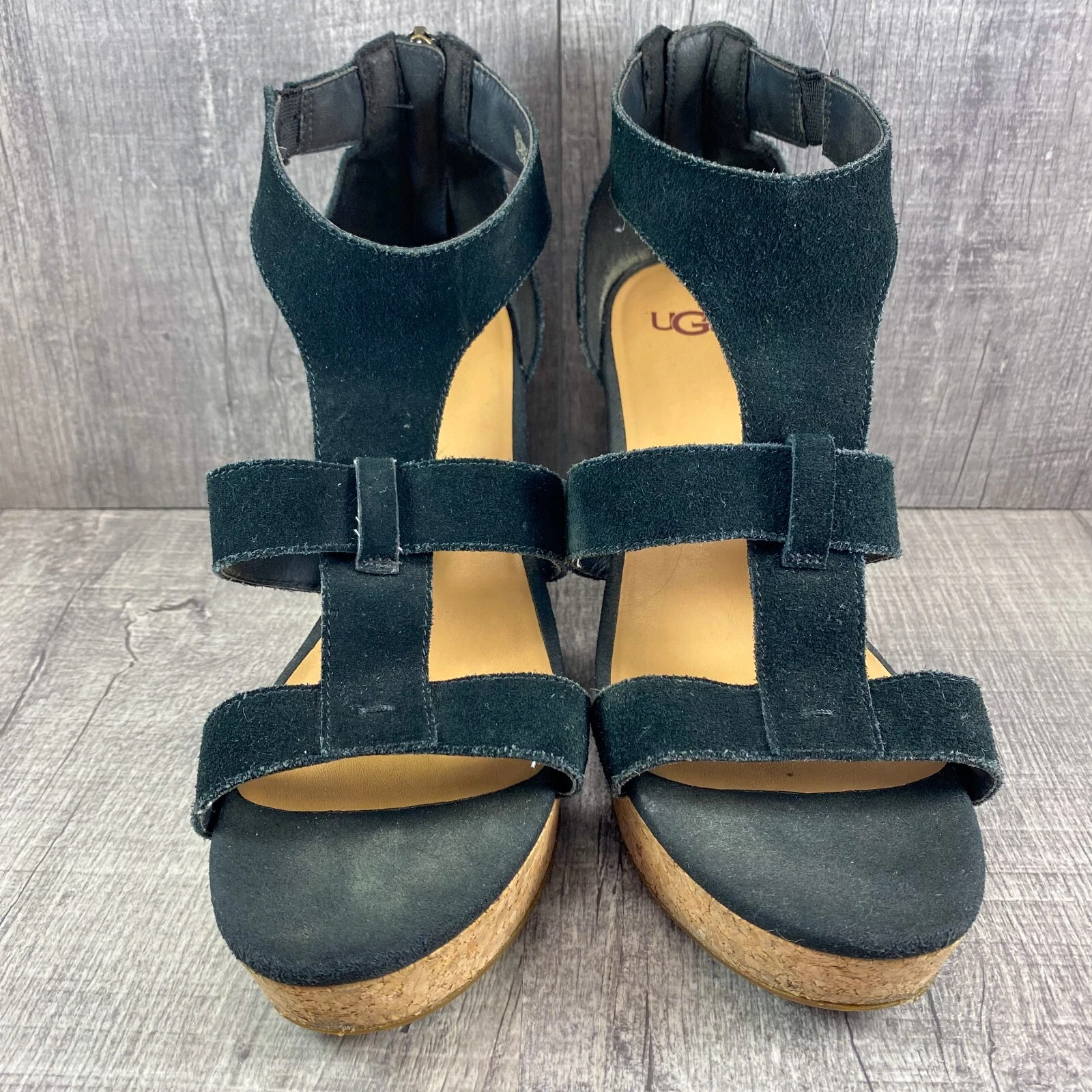 Sandali da donna neri Ugg taglia 8 8 5 Whitney 1090791 pelle scamosciata plateau cerniera