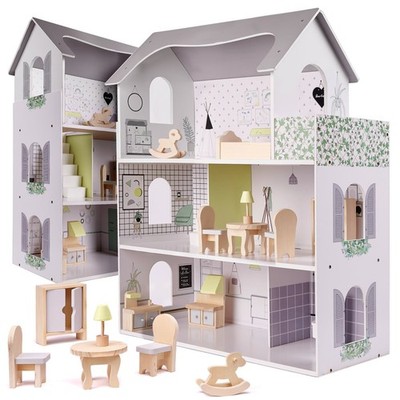 Puppenhaus Holz LULILO Peonio 70 cm rosa   LED Puppenhaus mit Möbeln & Figuren