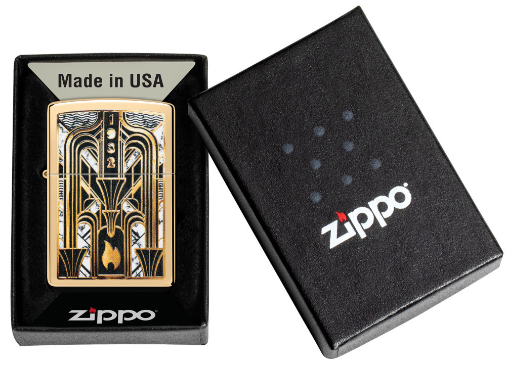 Zippo Art Deco Flame Design High Polish Brass Windproof Pocket Lighter, 46585