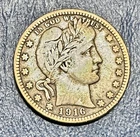 1916-D Barber Quarter. 90% Silver. Fine-Very Fine Condition. Charity Auction. ￼