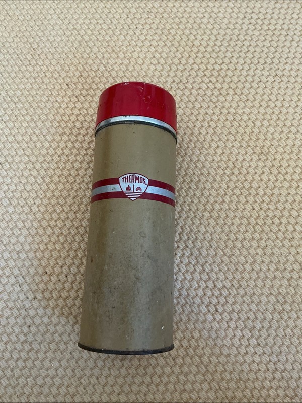 Vintage 1950's Thermos Beige Polly 15" w/ lid & cup Red Stripe 340A Metal MCM