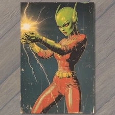 Art Print Green Alien Woman Red Suit Lightning Hands Retro Comic Superpower Glow