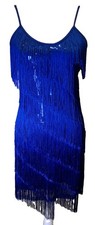 Royal Blue Fringe Sequin Flapper Dress Small Gatsby Latin Salsa Dance Mini
