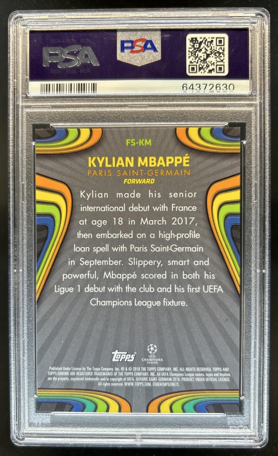 2017 Topps Chrome UEFA Kylian Mbappe Future Stars #FS-KM PSG PSA 10 GEM MINT view 2