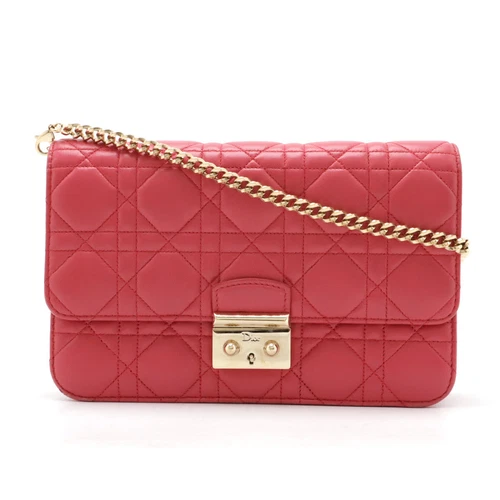 Christian Dior Cannage Neuf Rock Chaîne Portefeuille Pochette Sac Cuir Rose Fuchsia