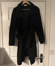 Marks & Spencer Women’s Black Mid-Length Belted Overcoat Button Size 12