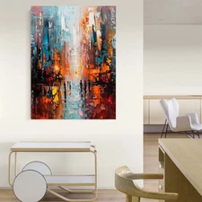 Blue Hand Painted Abstract City Painting On Canvas Acrylic Art landscape Red