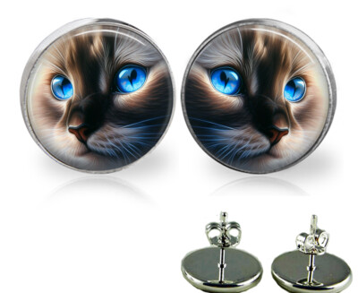 Blue Eyed Kitty Cat Girls Stud Earrings in 3 Sizes Handmade Photo Jewelry