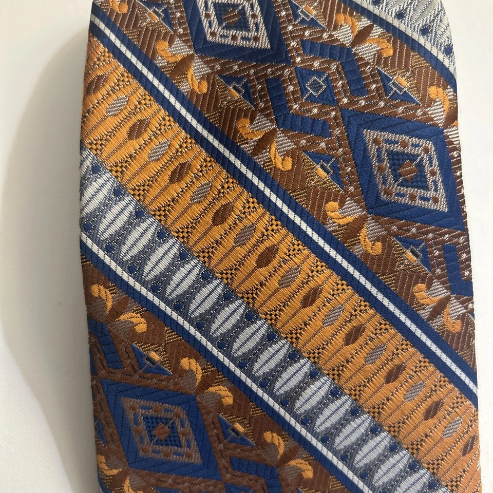 Lote de 3 gravatas vintage dos anos 70 listras largas poliéster azul laranja ouro discoteca escritório - Imagem 3 de 4