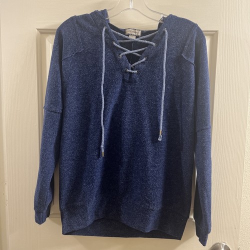 Women's Blue Lace-Up Hoodie Ethereal by Paper Pullover Sweatshirt Small Hooded