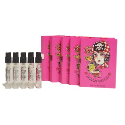 5 QTY. Born Wild by Ed Hardy Eau De Parfum Spray Sample Vials on Card 0.05 oz
