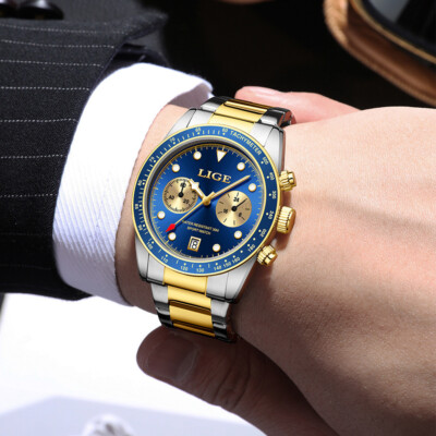 LIGE Men Watch Luxury Chronograph Two Tone Gold Steel Band Blue Dial Tachymeter