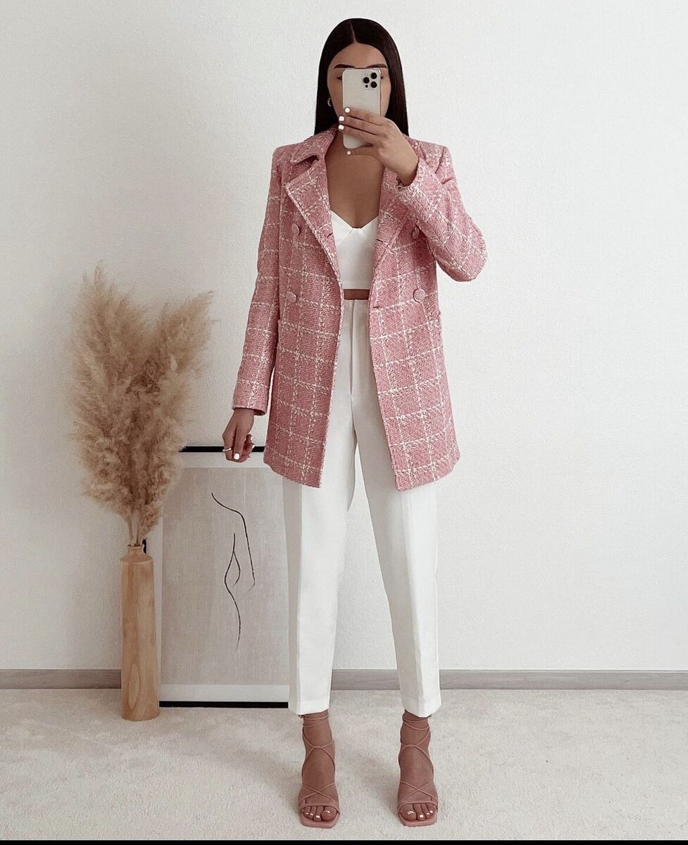ZARA WOMEN NEW TEXTURED PLAID COAT SHORT JACKET PINK / WHITE ZARA WOMEN NEW TEXTURED PLAID COAT SHORT JACKET PINK / WHITE