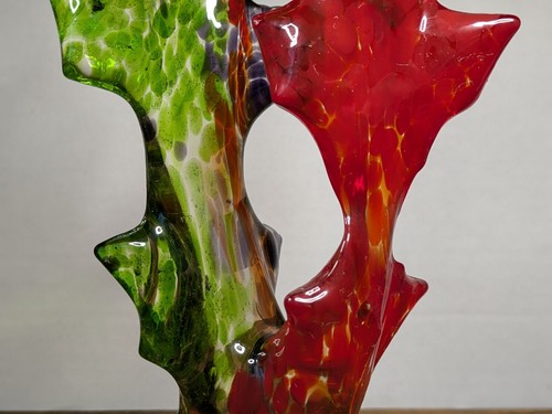 8¾" Glass Art Deco Sculpture w/ Base, Hand Crafted Abstract, Green Red Purple - Picture 11 of 19